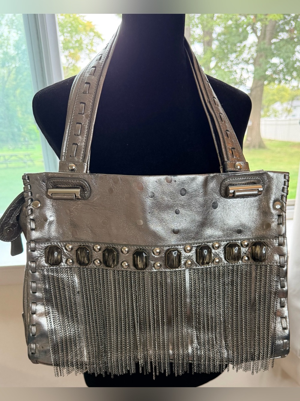 Original by Sharif silver leather purse chain fringe rocker chic Y2K designer EC